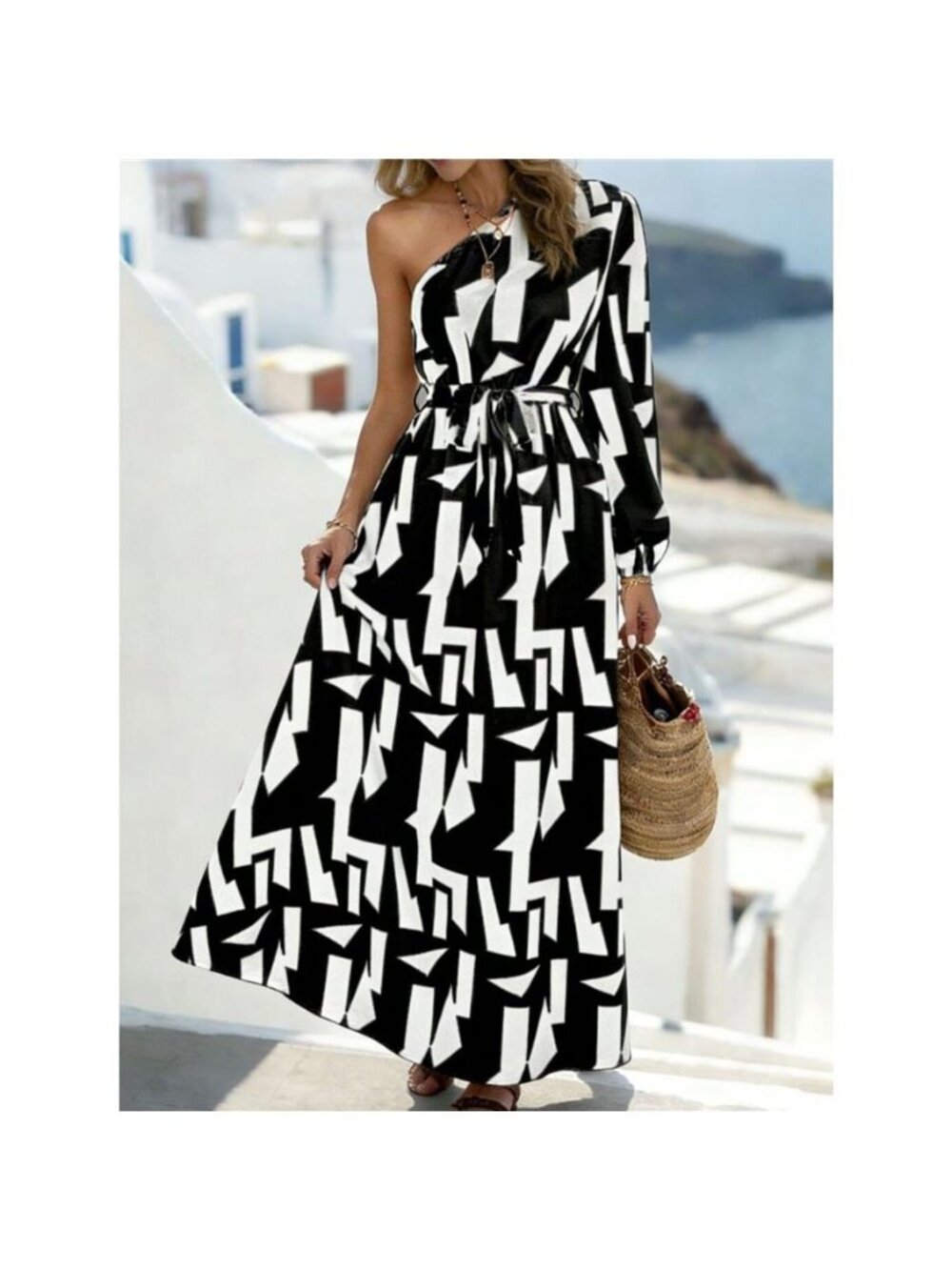 One-Shoulder Geometric Print Maxi Dress with Waist Tie